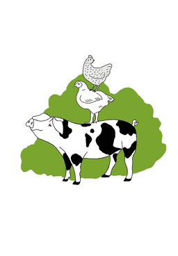 BuschHof Bioland Logo mit Schwein, Masthähnchen, Huhn vor einem grünen Busch